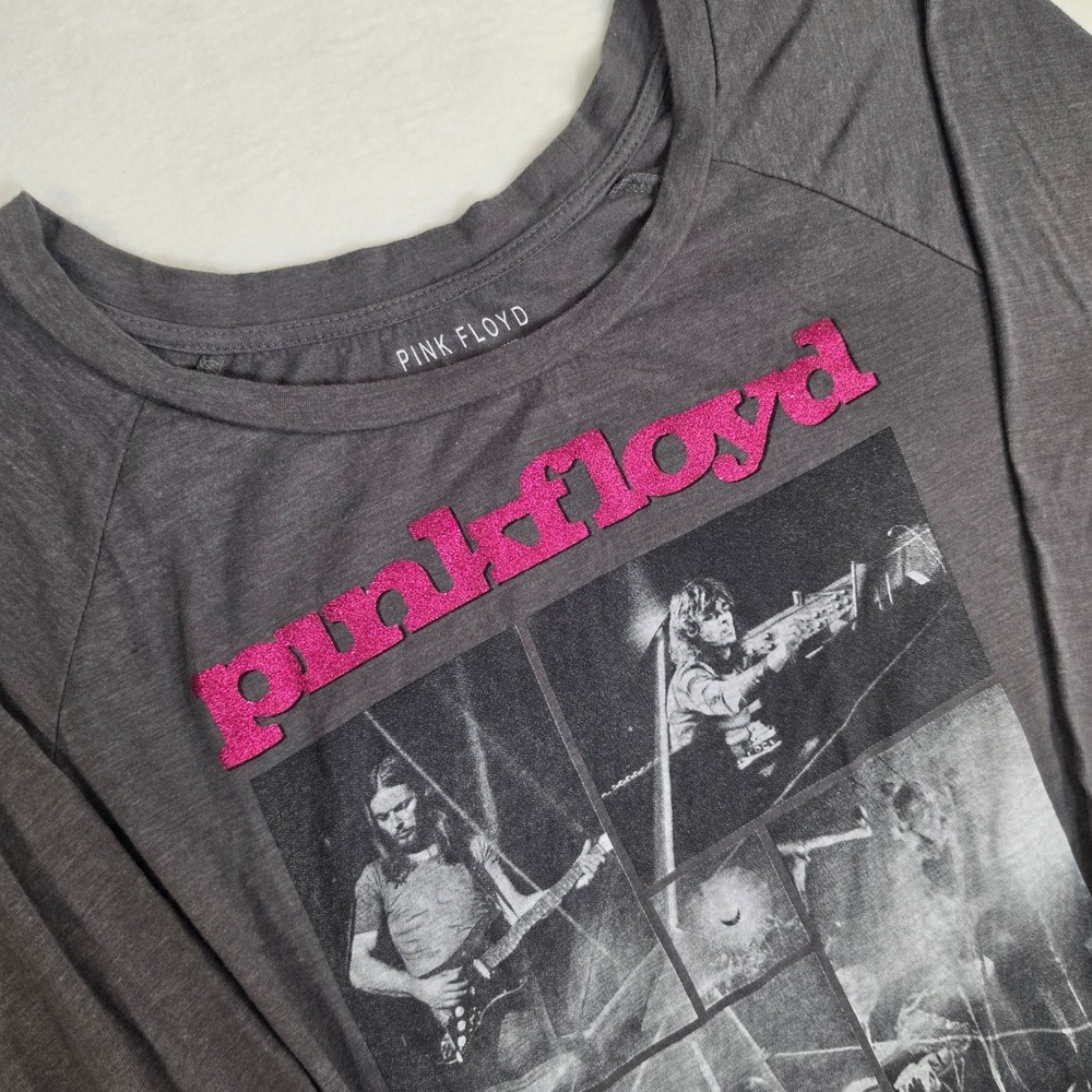 Pink Floyd Graphic T-Shirt Womens Large Gray Pink Glitter Logo 3/4 Raglan Sleeve